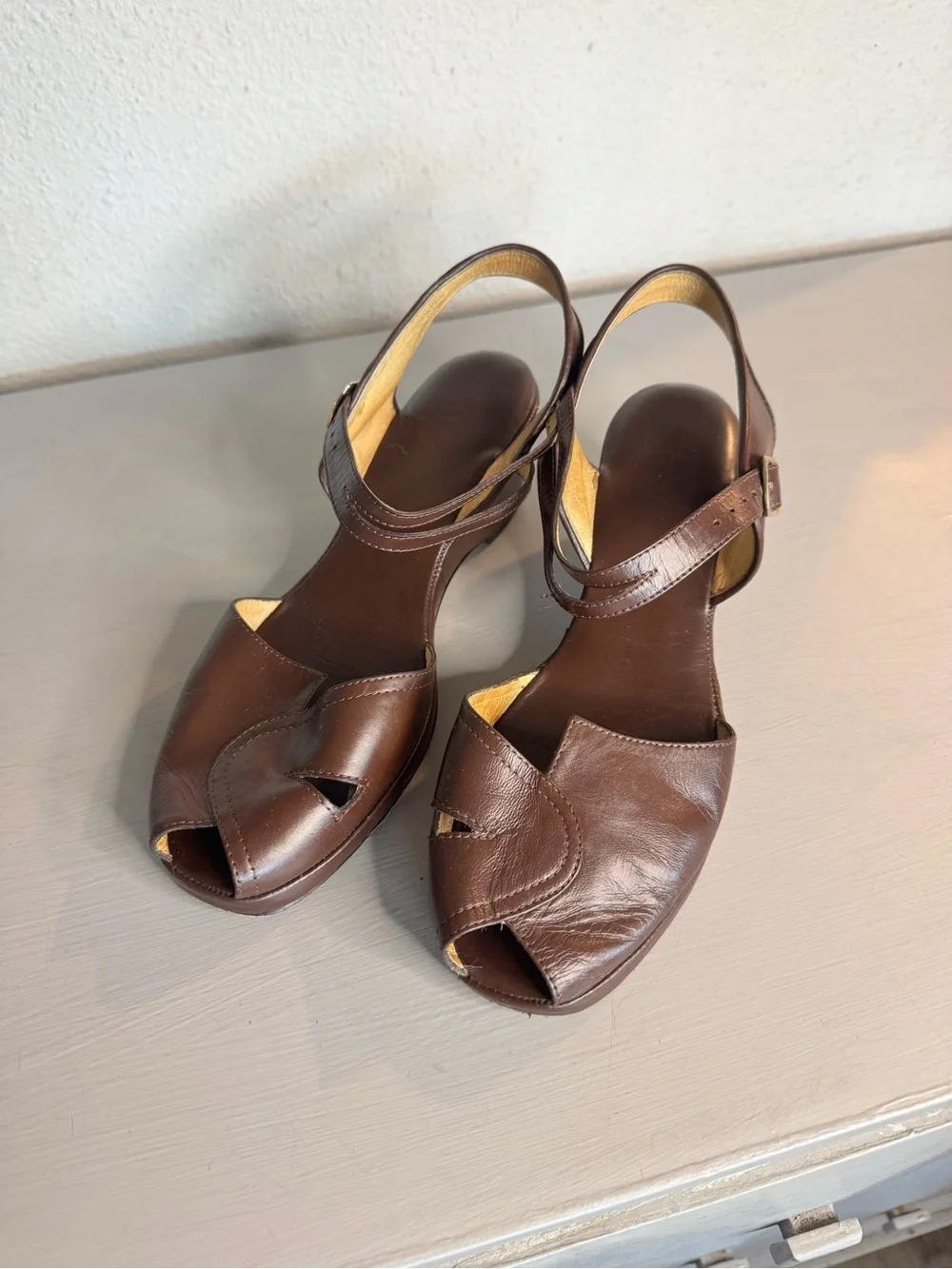 Vintage Re-Mix Women's Brown Leather Peep-Toe Slingback Wedge